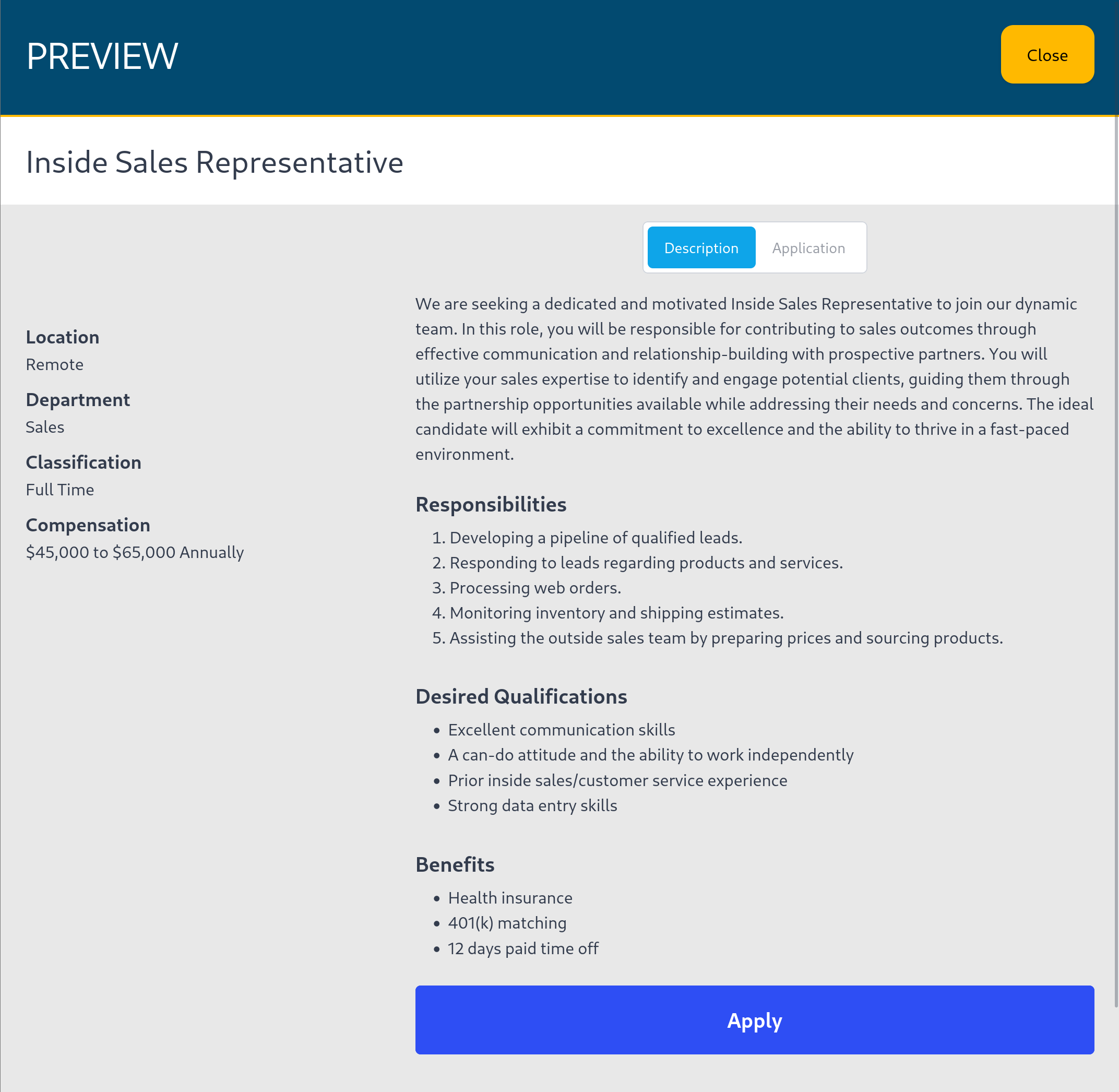 Application form preview, showing job description