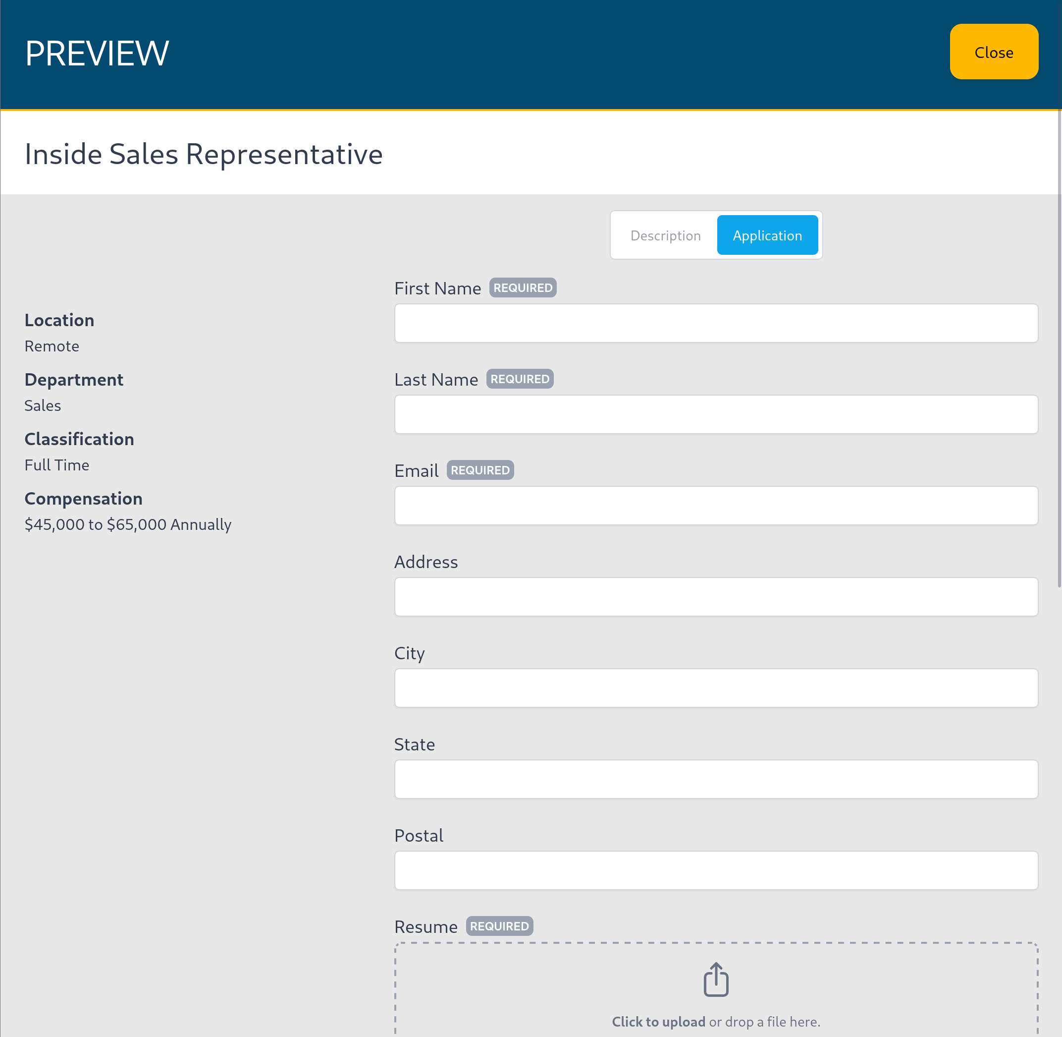 Application form preview, showing form