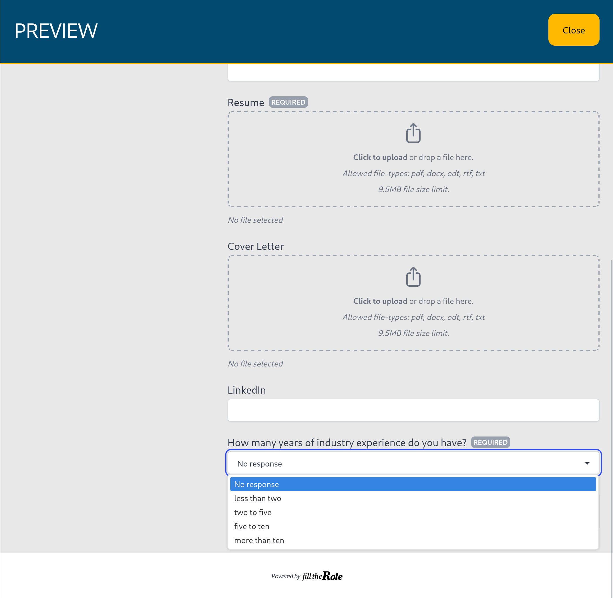 Application form preview, showing custom question