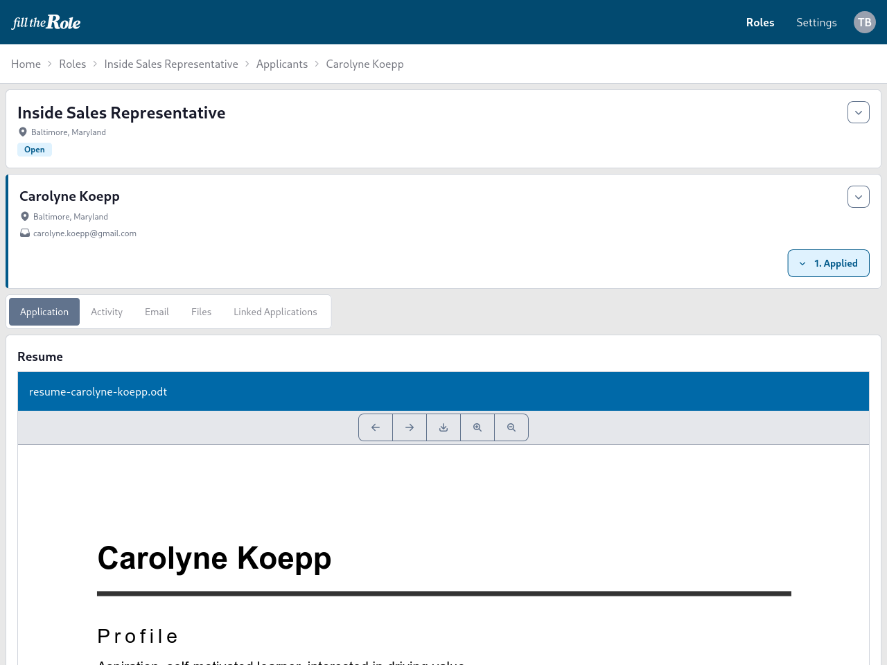 Review the application, including a preview of its resume and cover letter.